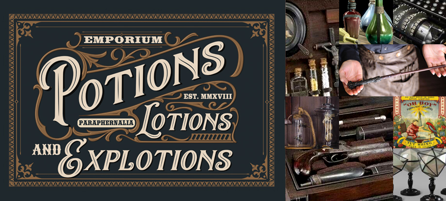 Potions lotions and explotions exhibition logo