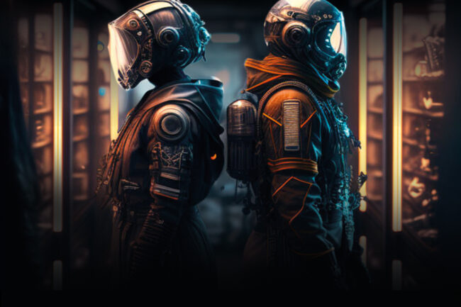 Sci-Fi Fashion Exhibition - two astronauts in spacesuits standing back to back